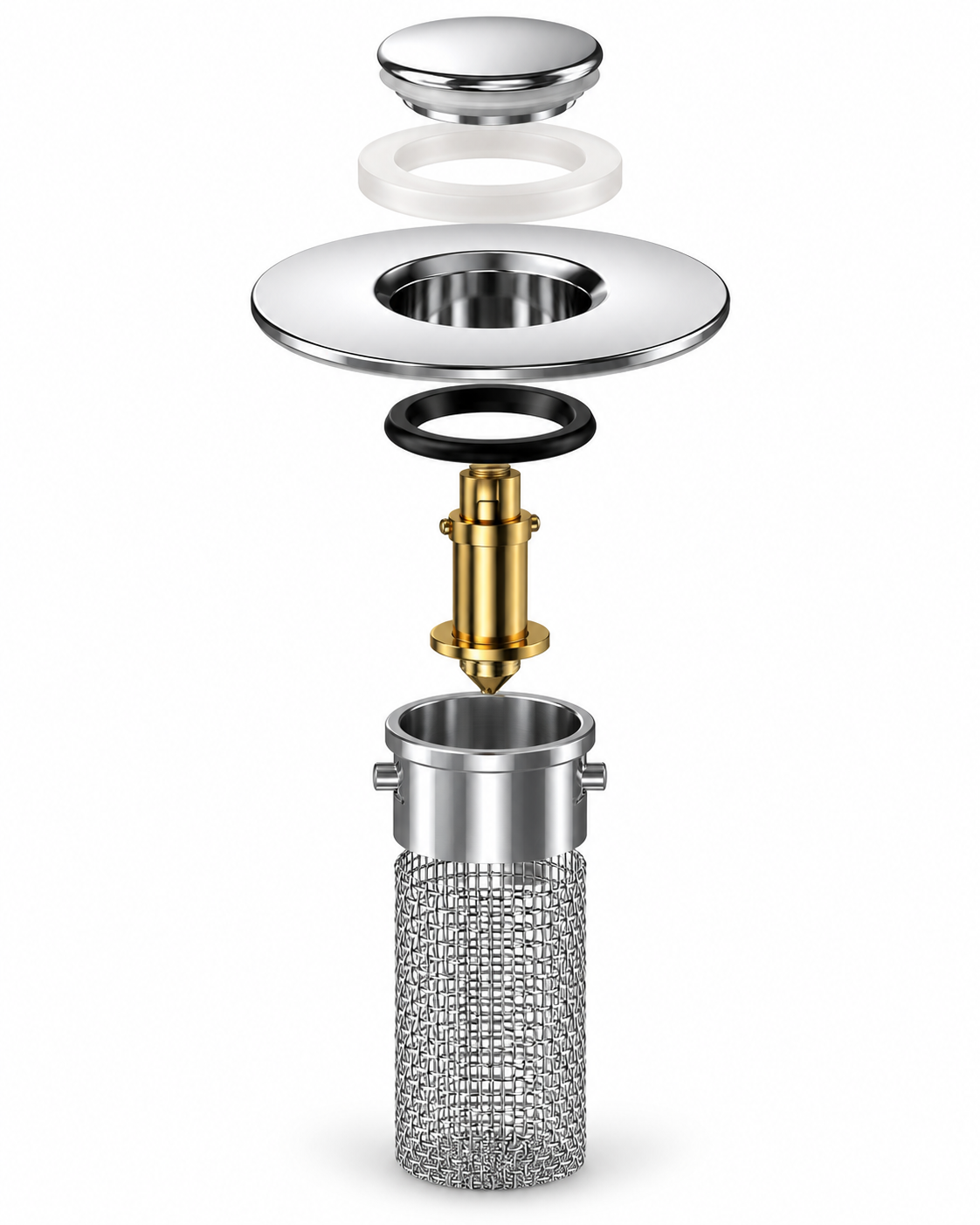 exploded components of stainless sink stopper with rubber rings brass core and mesh basket