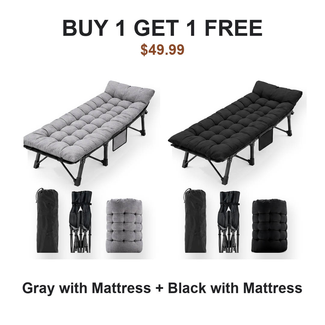 Buy one get one free camping cot pair: Cot #1 Gray with Mattress, Cot #2 Black with Mattress