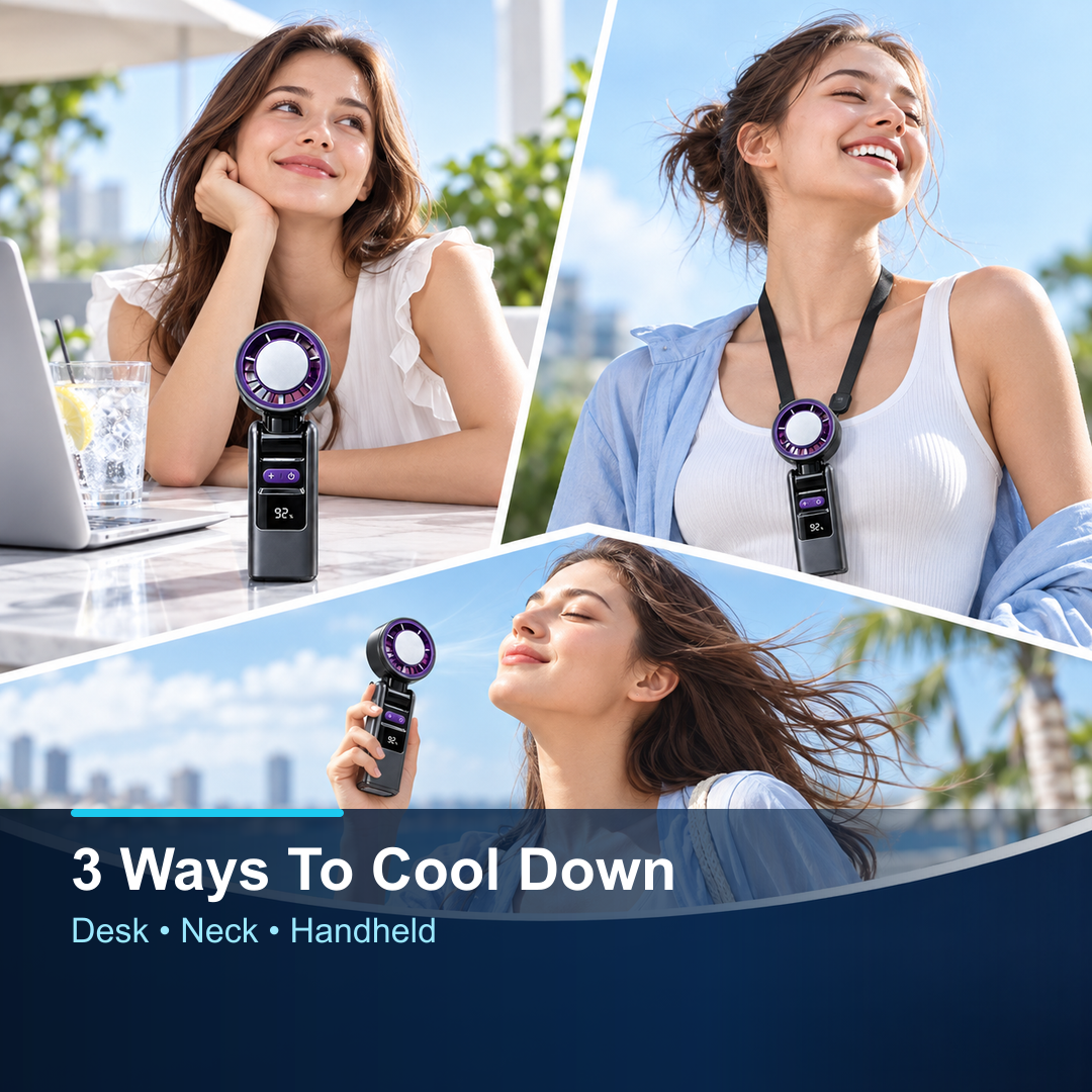 handheld desk and neck strap use modes for portable fan