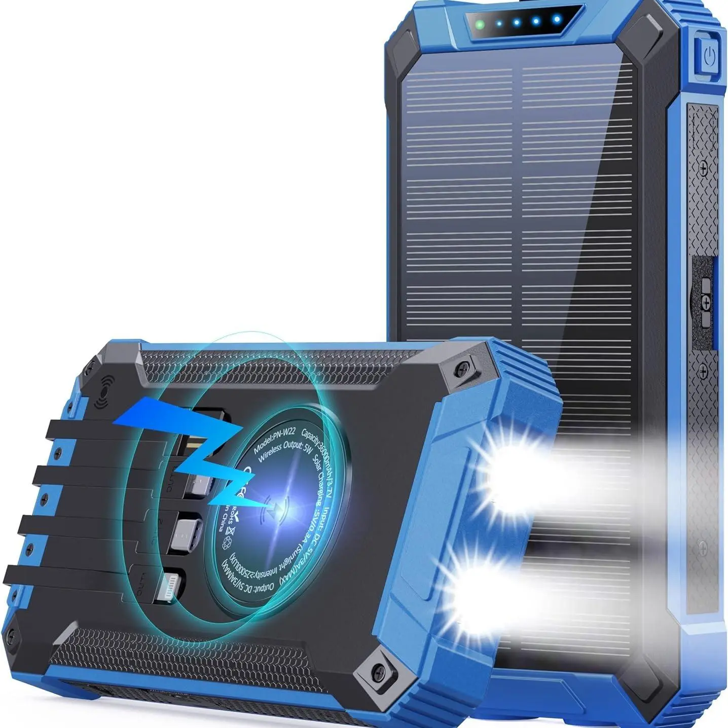 blue W22 rugged solar power bank with solar panel and wireless charging