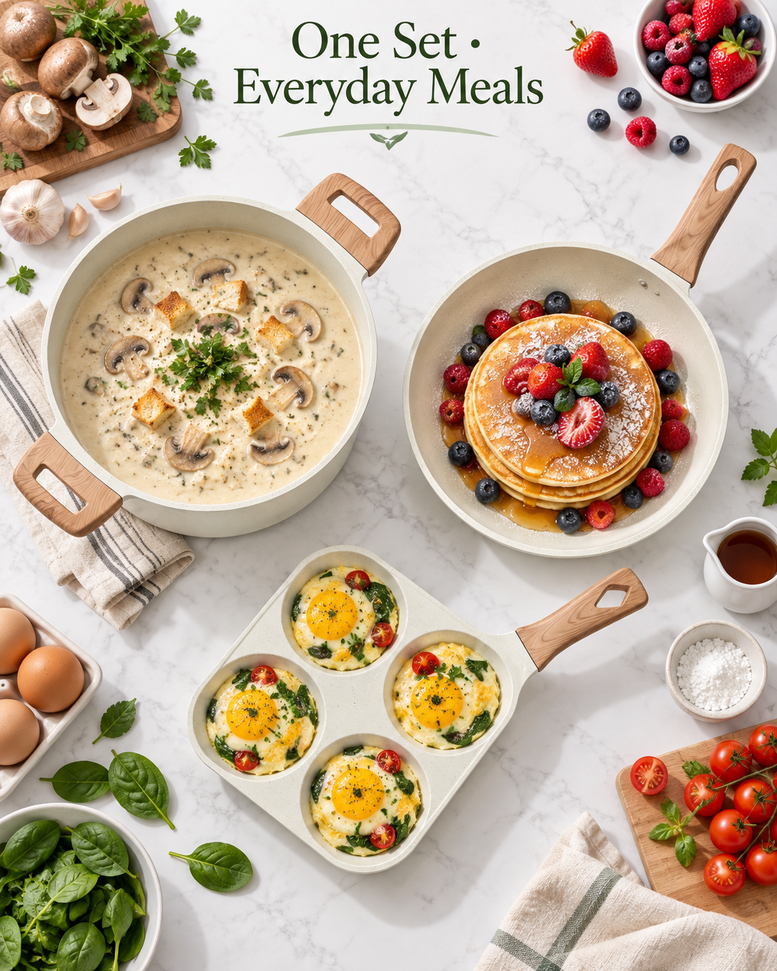 beige frying pan stockpot and four well egg pan preparing everyday meals