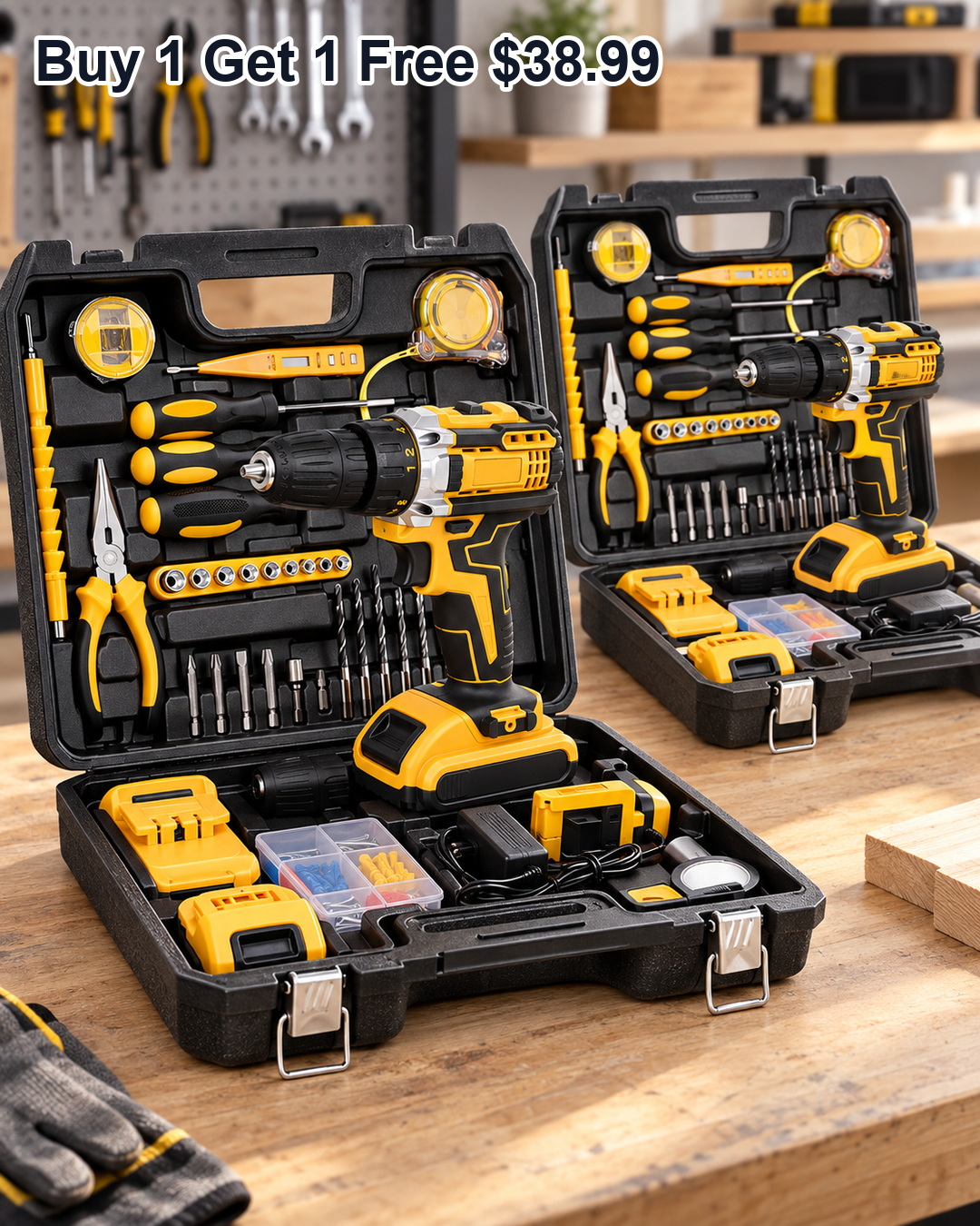 Buy 1 Get 1 Free 21V cordless drill tool set with battery charger toolbox accessories for 38.99 USD