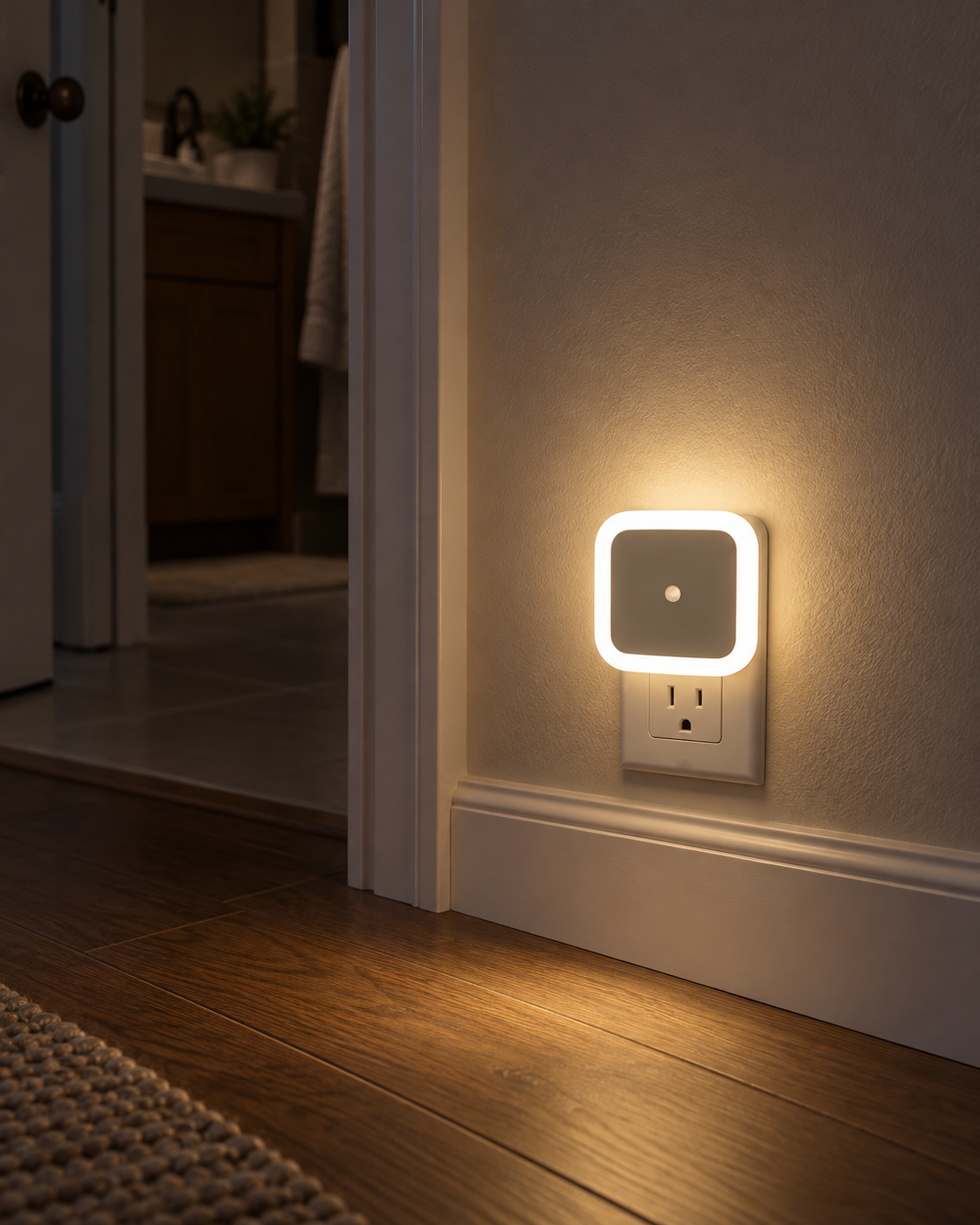 rounded square plug in LED night light glowing in a hallway wall outlet