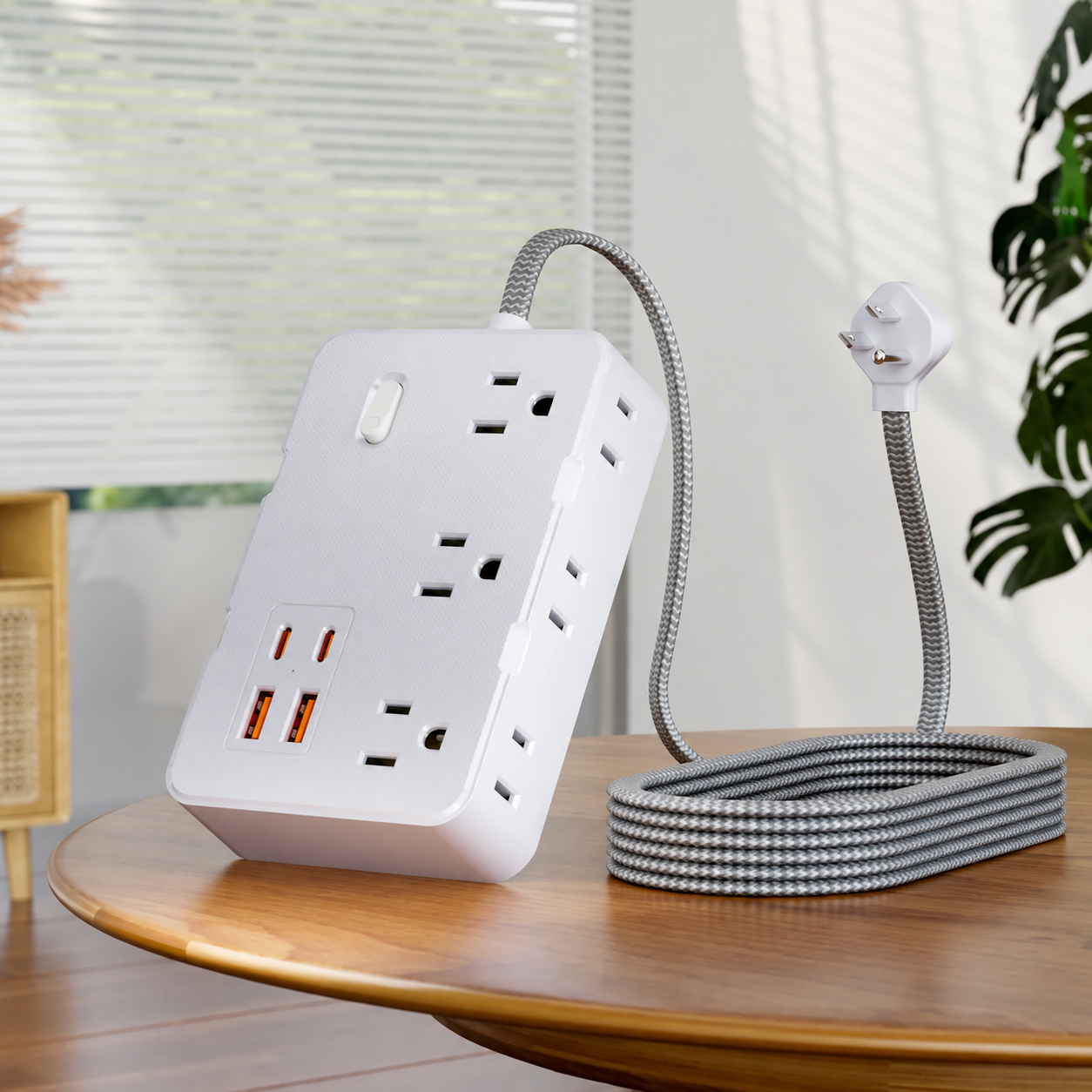 white flat plug surge protector with 5 ft braided cord and four USB ports