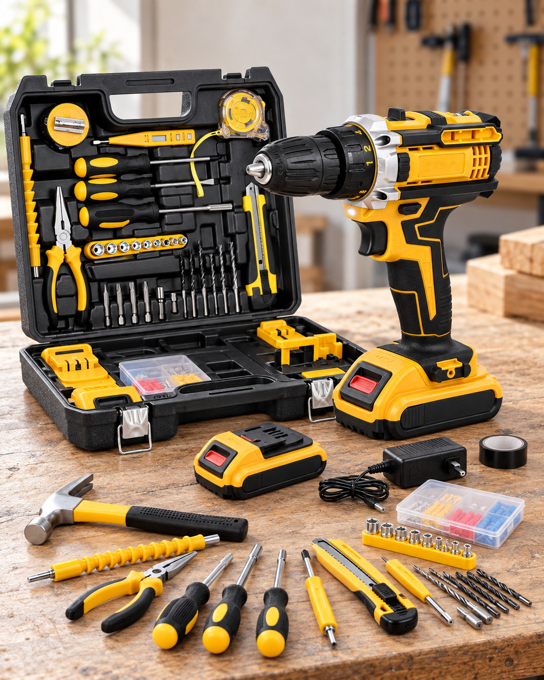 21V cordless drill toolbox kit with charger battery drill bits hand tools and repair accessories