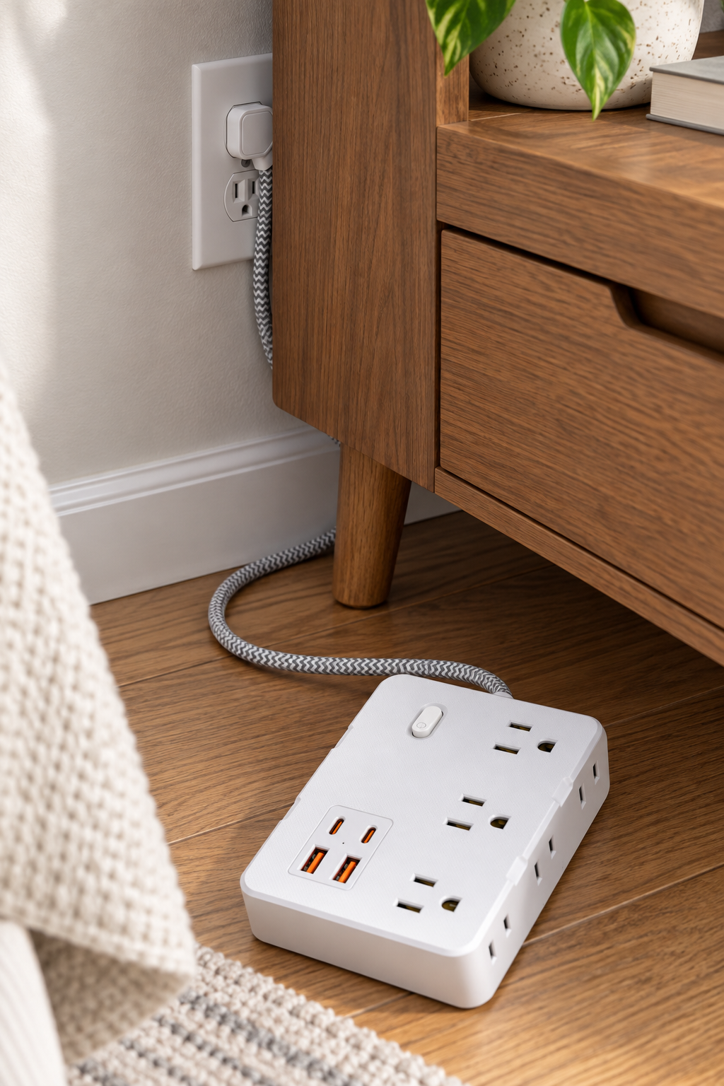 white low profile flat plug behind furniture with braided 5 ft cord