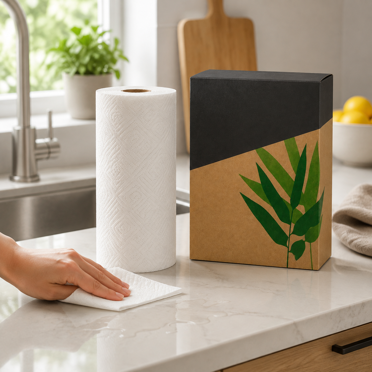 bamboo paper towel roll wiping a small kitchen counter spill
