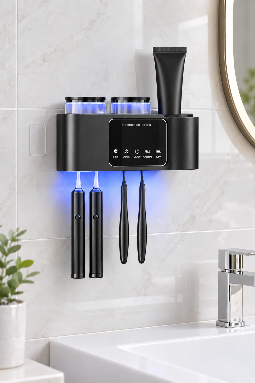 wall mounted toothbrush holder installed on smooth bathroom tile