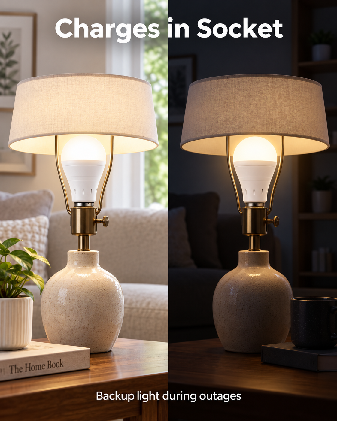 rechargeable emergency LED bulb charging in a lamp socket and glowing during power outage