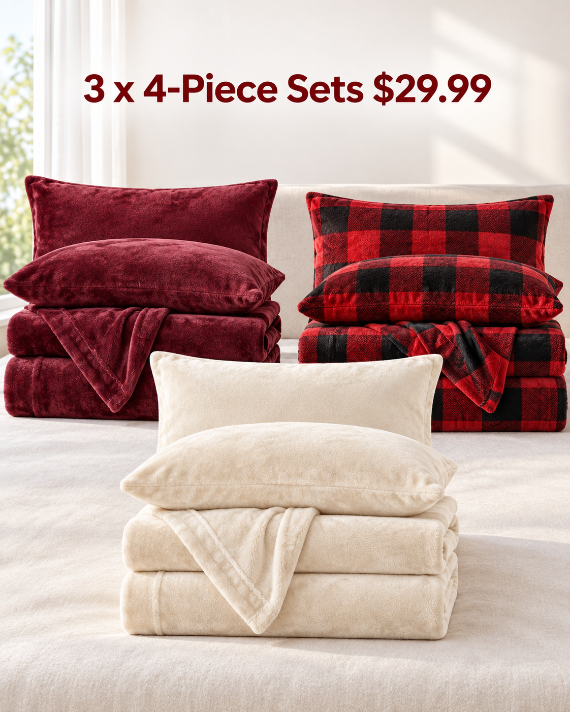 3 sets burgundy buffalo red cream 4 piece velvet plush flannel sheet bundle 29.99 USD