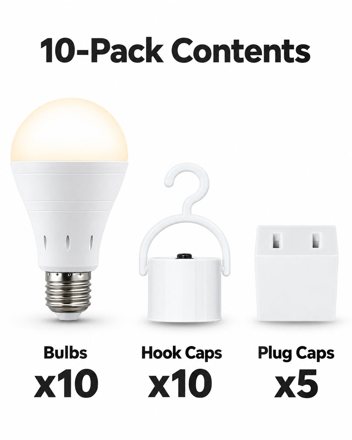 10 pack emergency LED bulb package contents showing bulbs hook caps and plug caps with exact counts