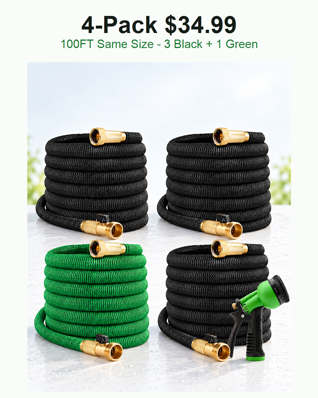 4 pack 100FT expandable garden hoses three black one green 34.99 USD