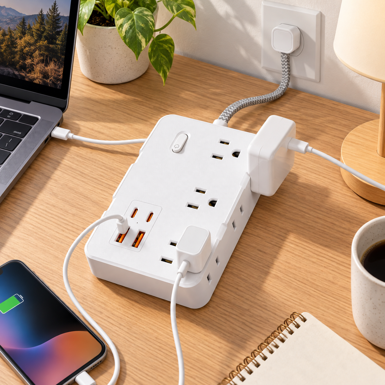 white flat plug surge protector powering laptop phone lamp and desk devices
