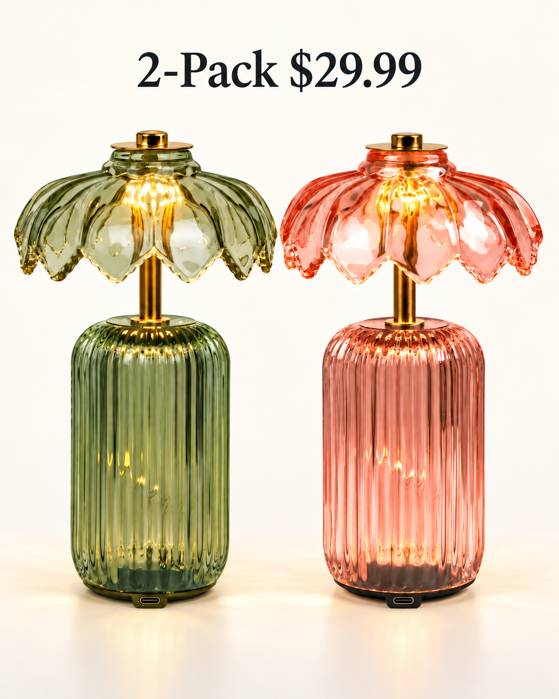 2-Pack green and pink cordless flower crystal table lamps $29.99