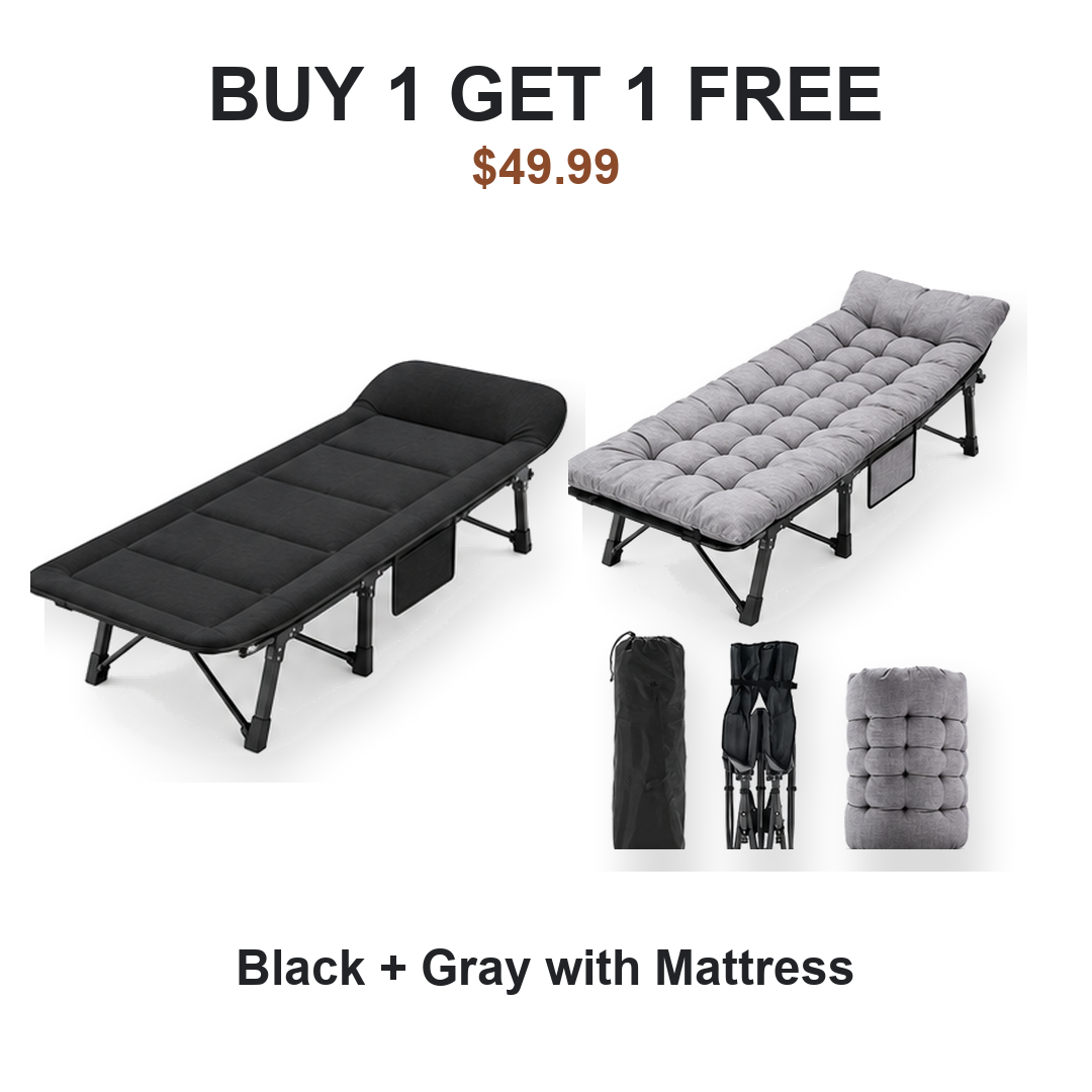Buy one get one free camping cot pair: Cot #1 Black, Cot #2 Gray with Mattress