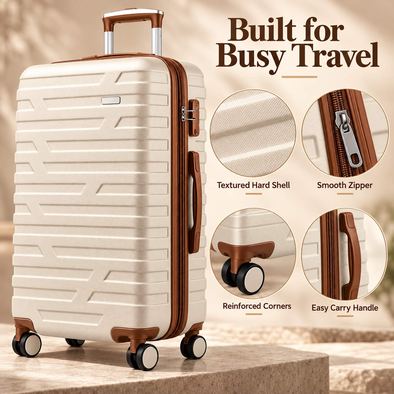 hardside suitcase shell zipper reinforced corners and easy carry handle details