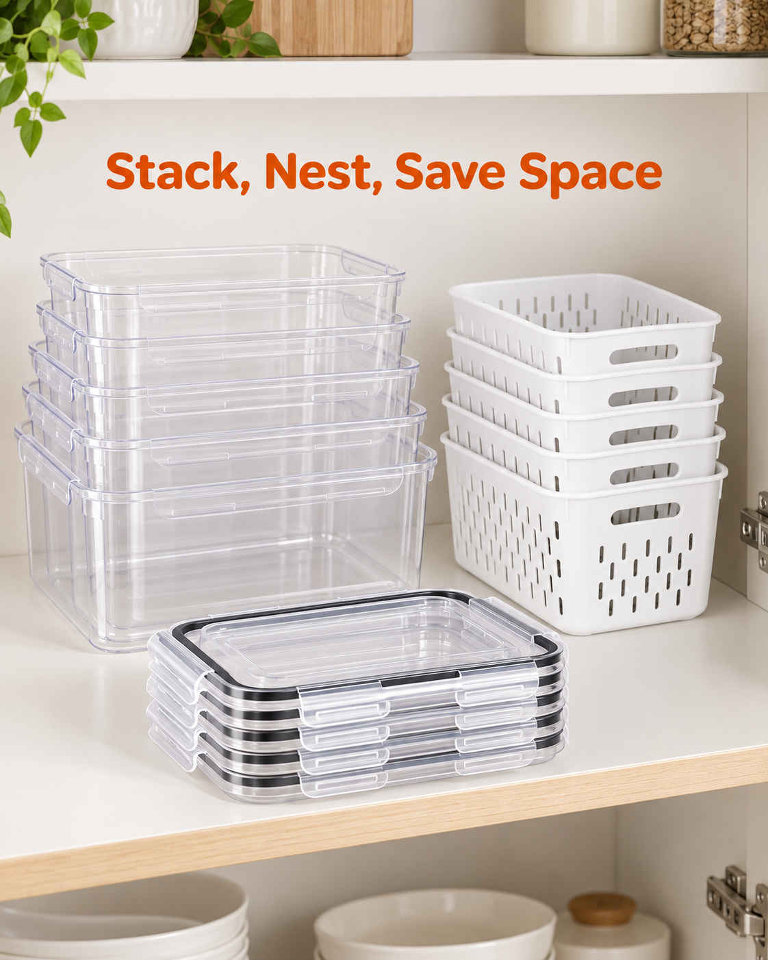 empty fridge organizer containers stacked and nested with clear lids