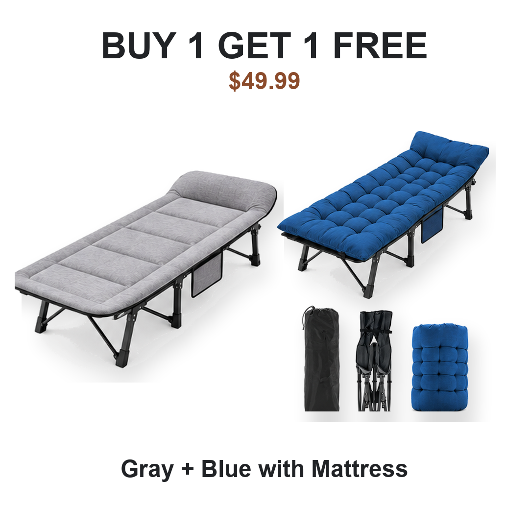 Buy one get one free camping cot pair: Cot #1 Gray, Cot #2 Blue with Mattress