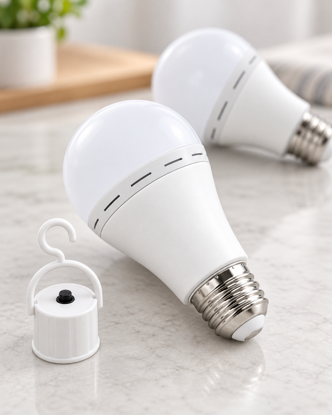 rechargeable LED emergency bulb screw base vent band and hook cap detail