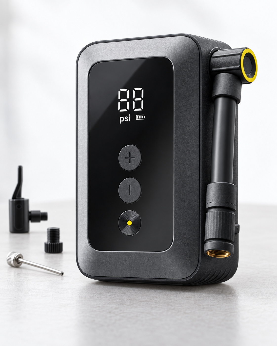 mini 150PSI electric tire pump pressure display and front controls