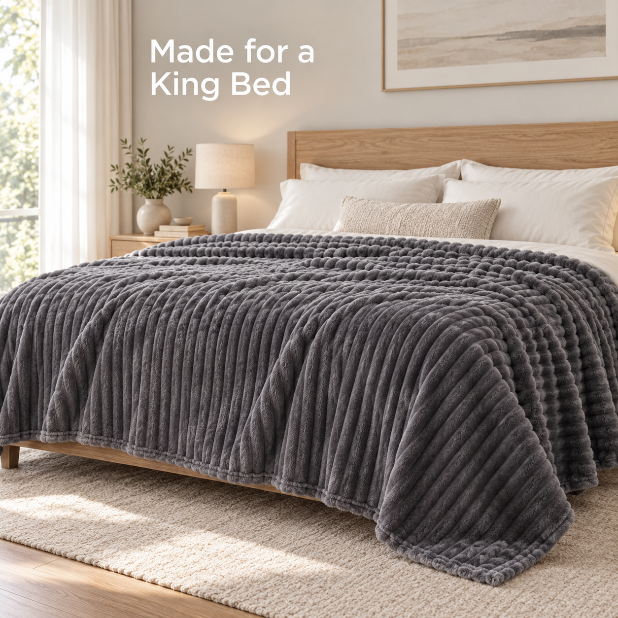 dark grey channel stripe fleece blanket with realistic King bed coverage