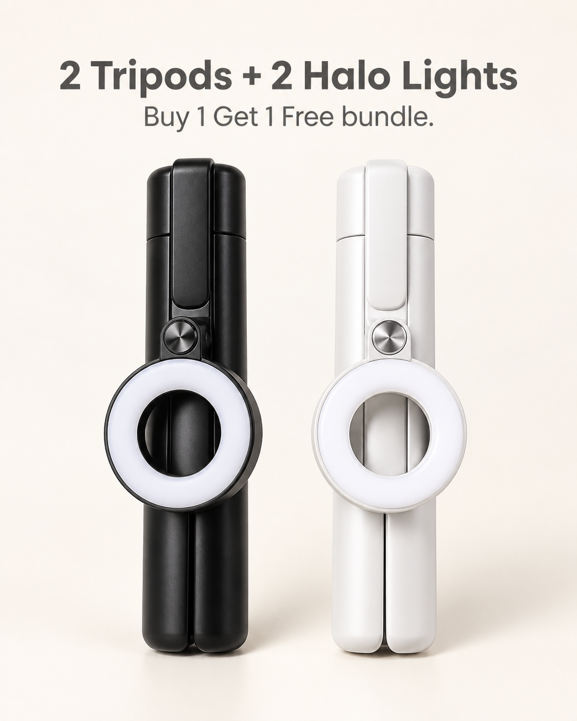 two magnetic phone tripods and two HaloGlow lights bundle contents