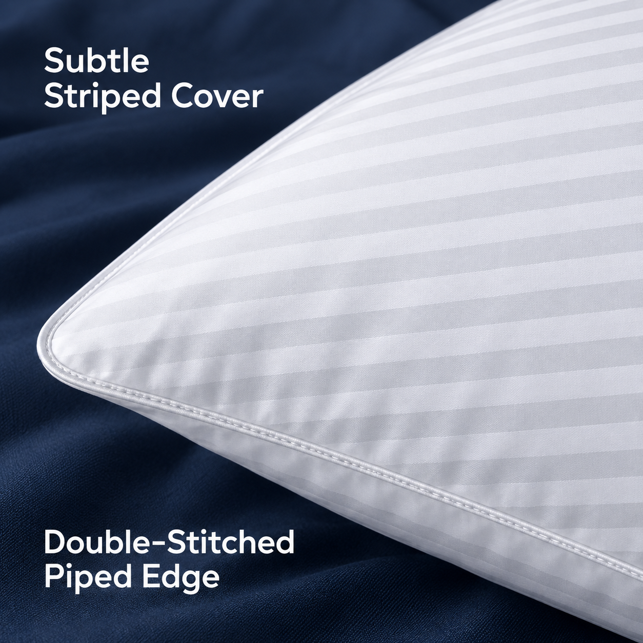 subtle horizontal striped polyester cover and double stitched piped pillow edge