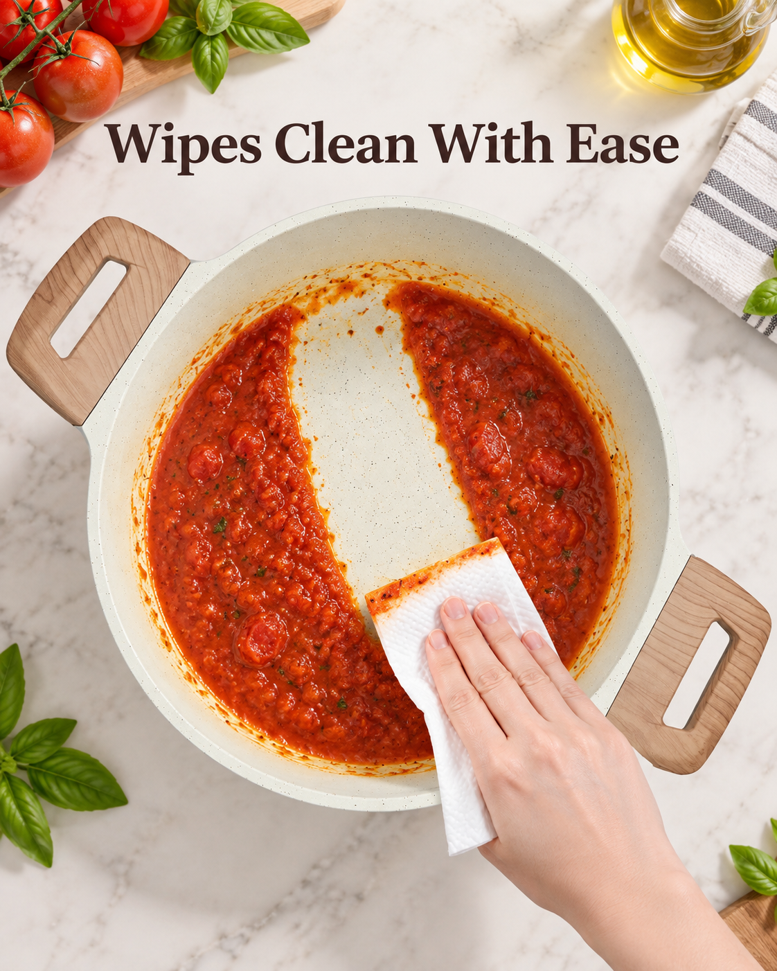 tomato sauce wiping away from beige speckled stockpot interior