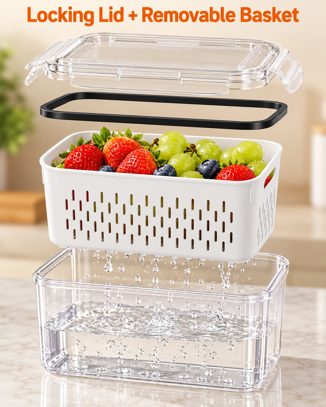 fridge organizer container parts clear lid black sealing ring white removable drain basket and clear base
