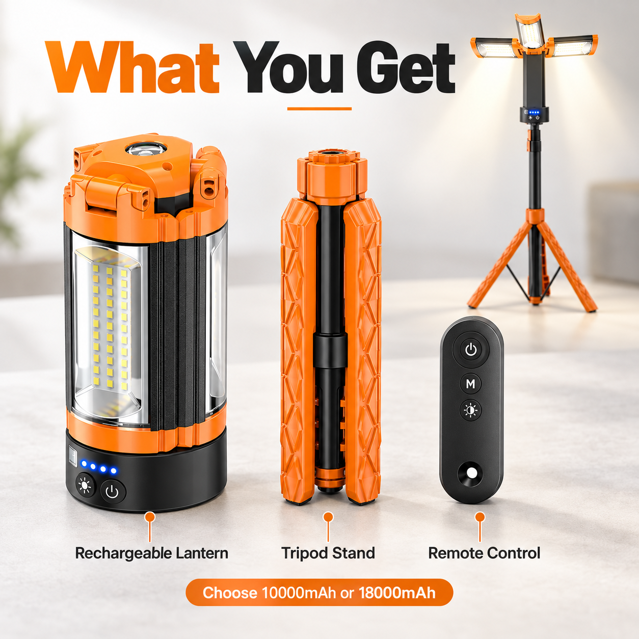 package contents showing rechargeable lantern tripod stand remote and battery tier choice