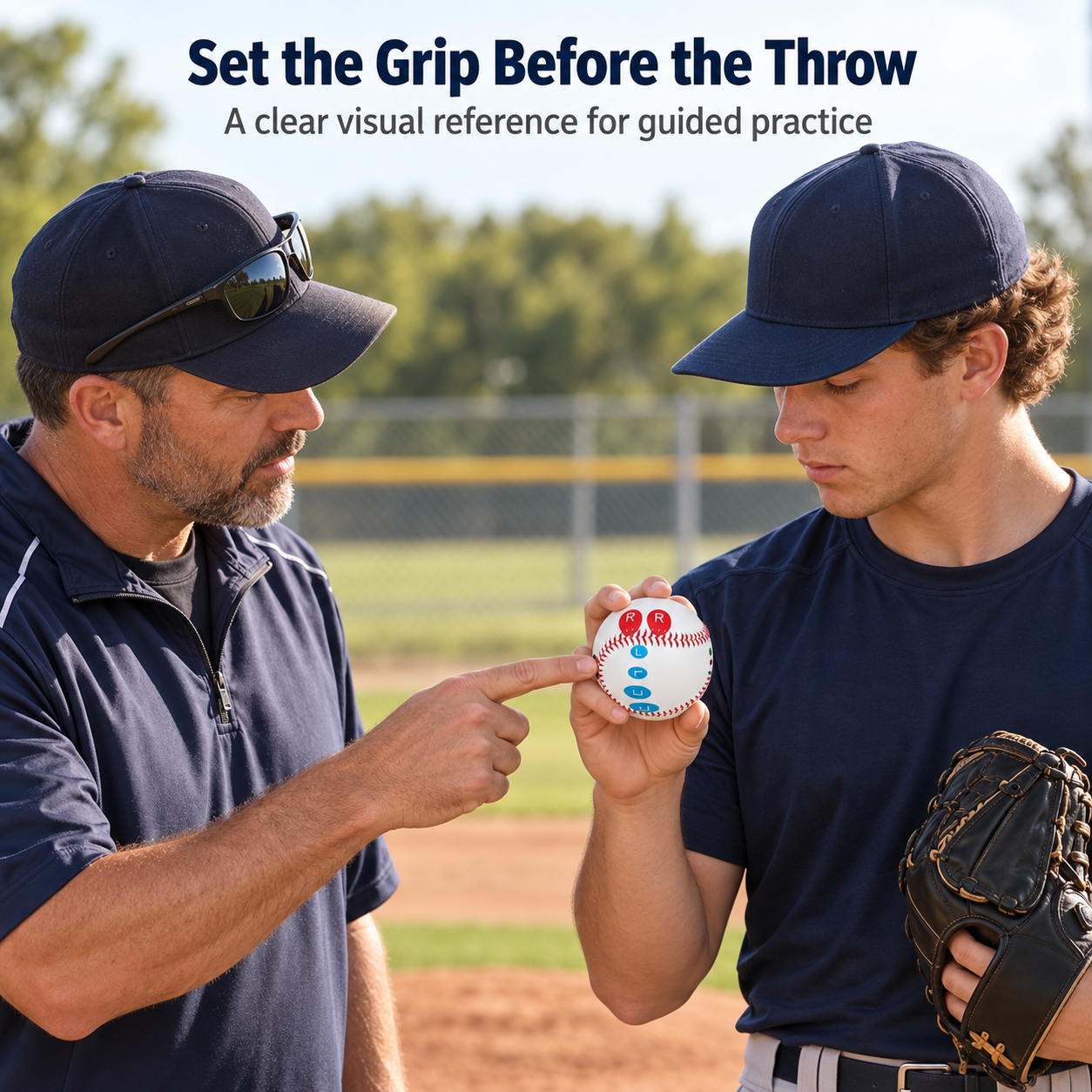 coach showing a pitcher how to use the printed grip cues