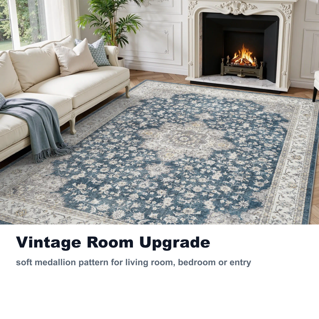 vintage medallion washable rug in living room scene
