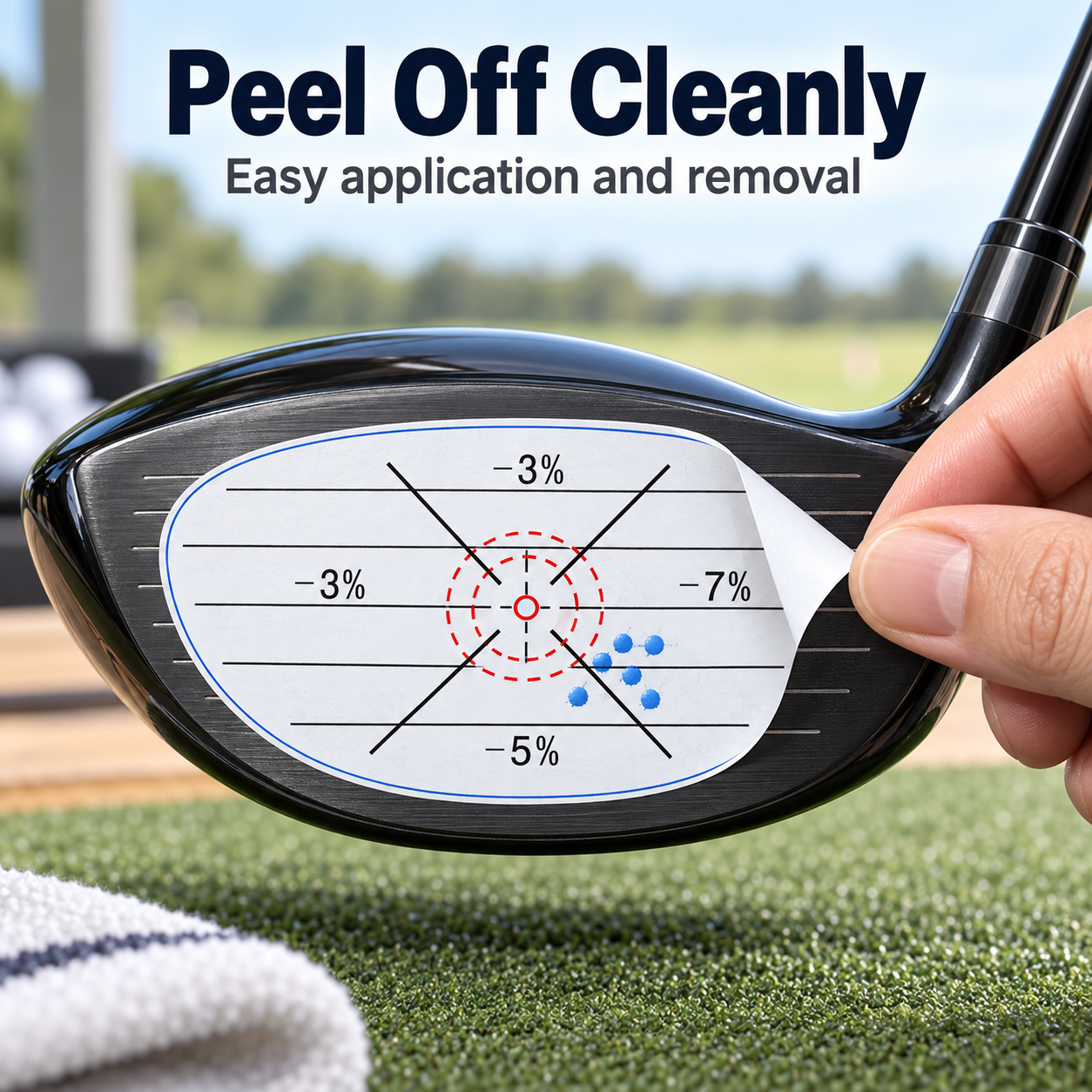 driver impact label peeling cleanly from a golf clubface