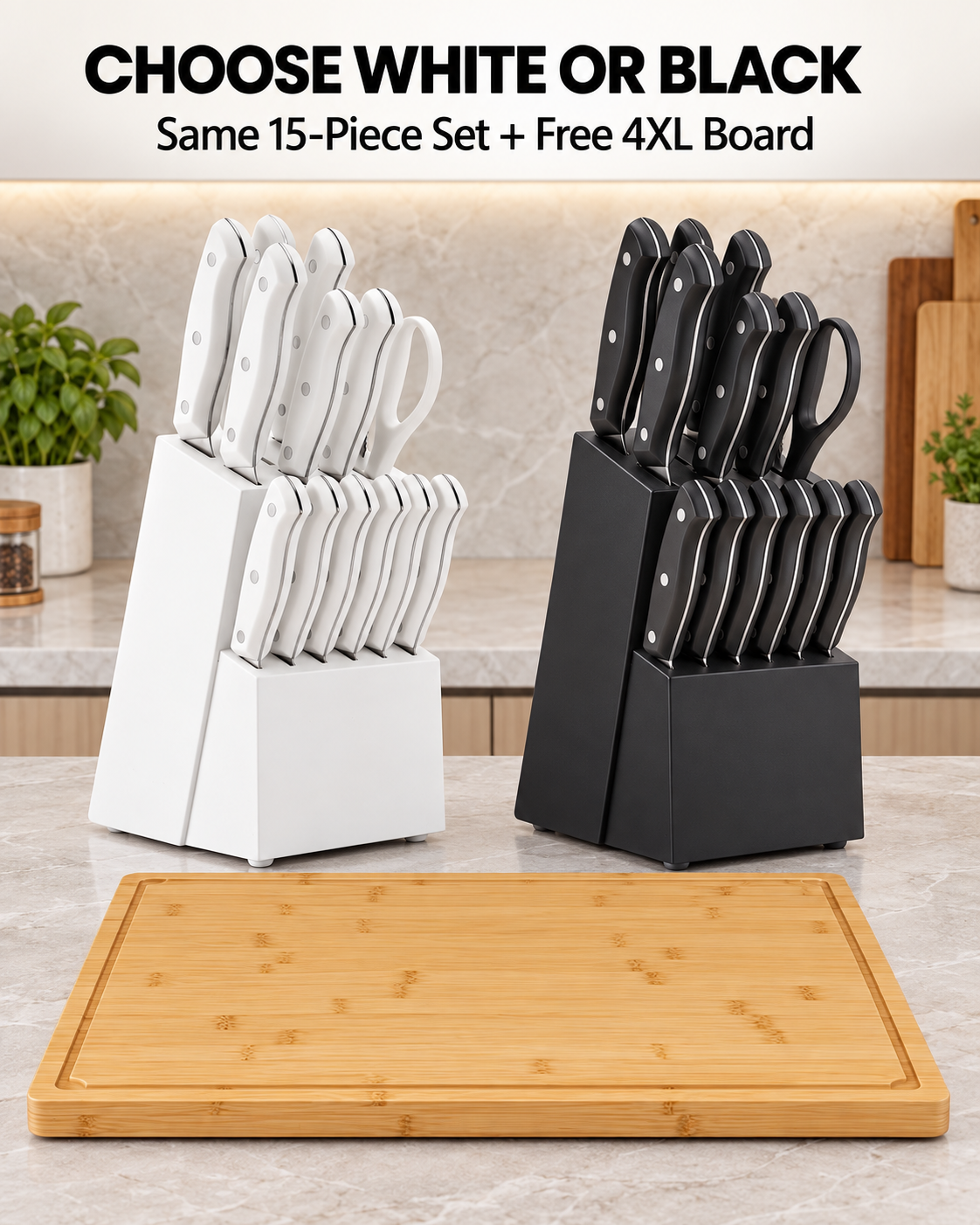white and black knife block color options with one free bamboo board