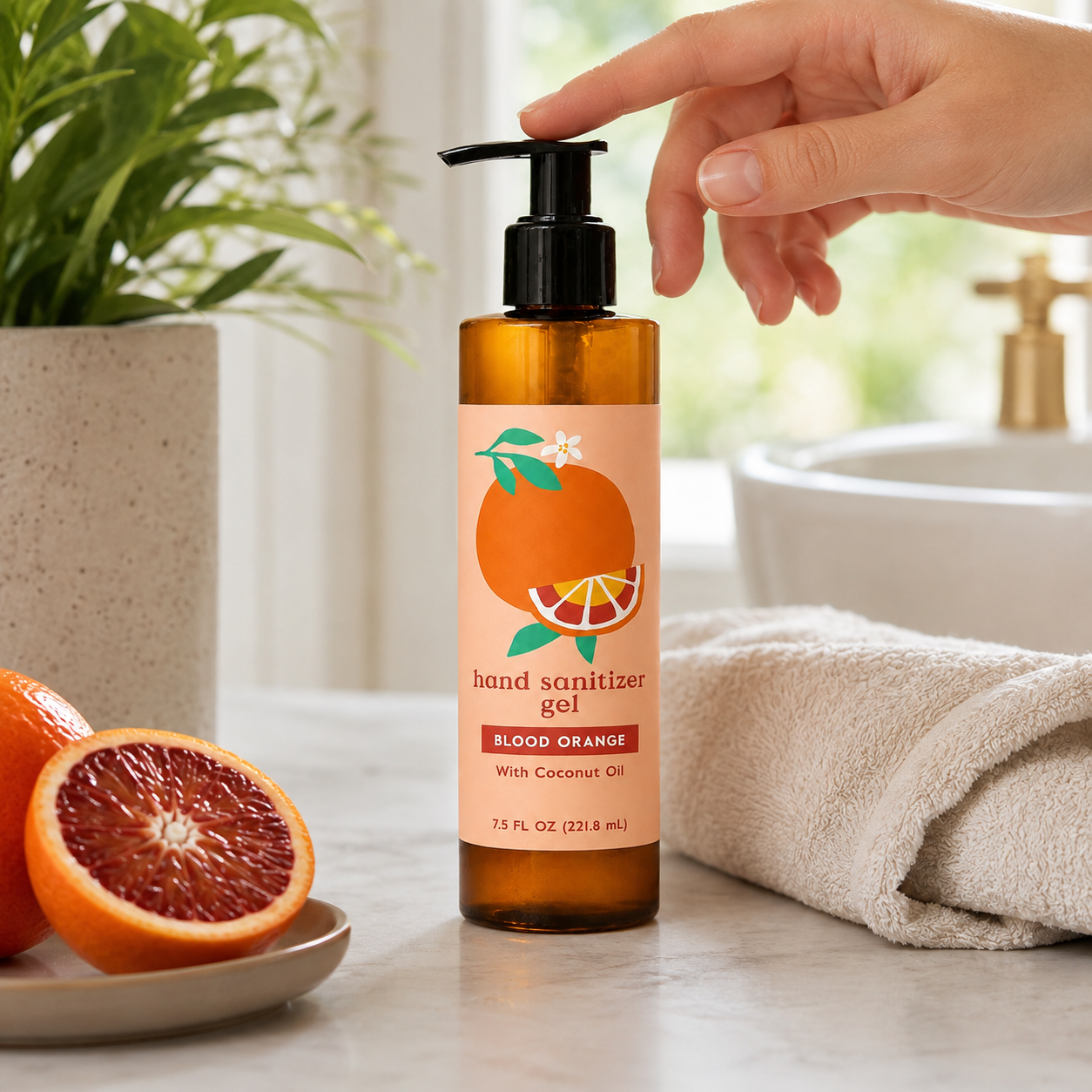 blood orange hand sanitizer gel on bathroom counter