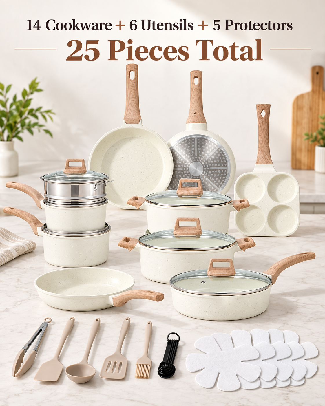 25 piece cookware package with 14 cookware pieces 6 utensil groups and 5 felt protectors
