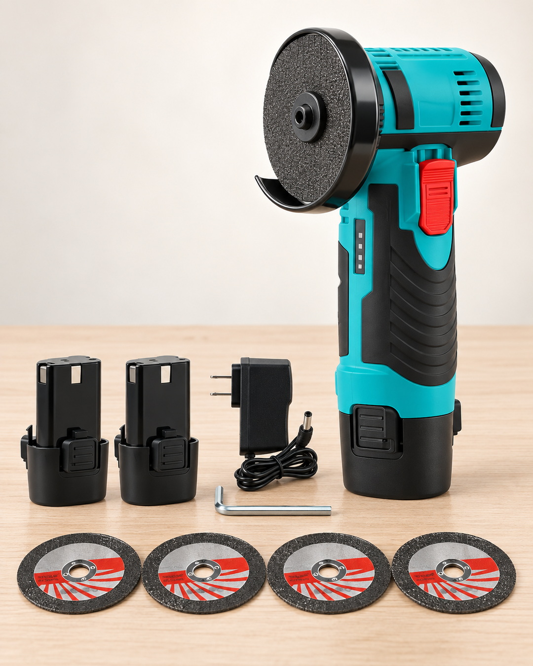 12V mini cordless angle grinder kit parts with upright tool batteries charger Allen key and cutting discs