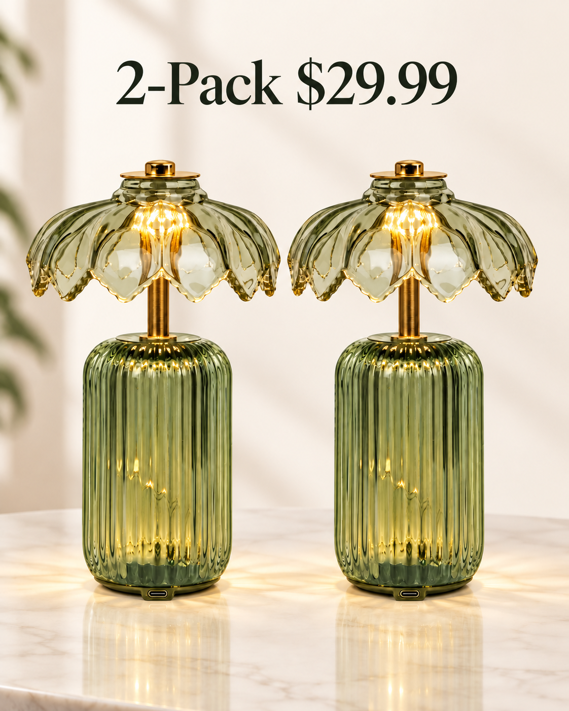 2-Pack green cordless flower crystal table lamps $29.99