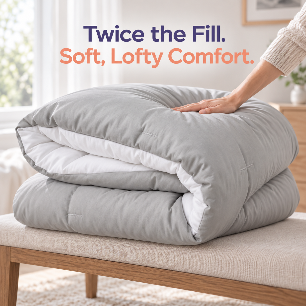 gray comforter folded to show generous loft and soft white inner side