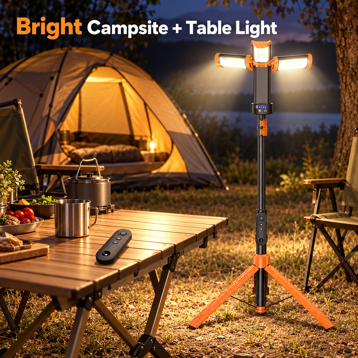 tripod camping lantern lighting a campsite table at night