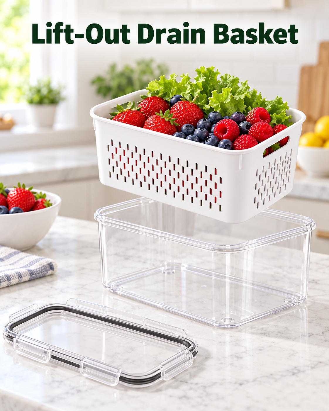 white drain basket lifted out above separate clear fridge organizer base and lid