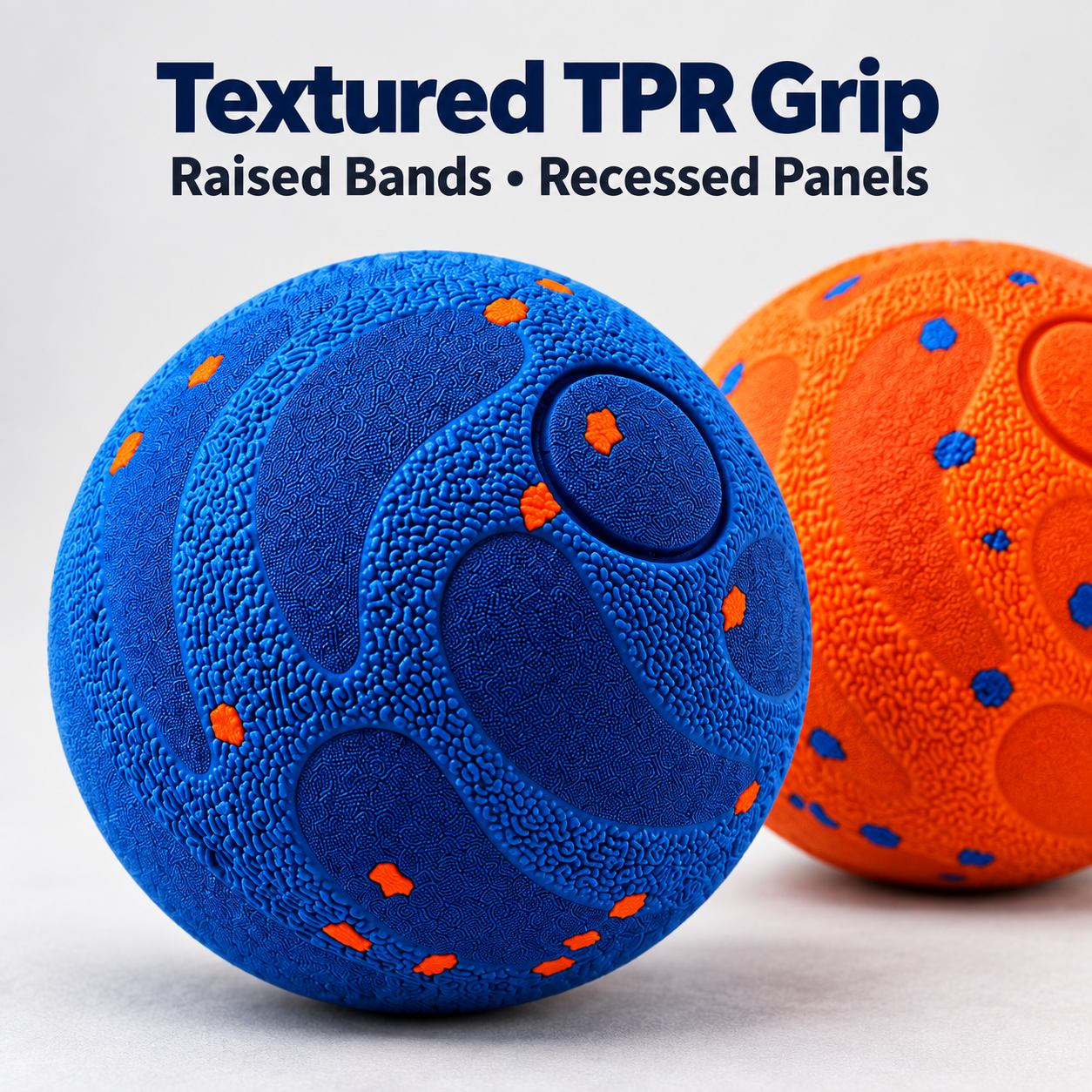 close view of raised curved grip bands recessed panels and contrast flecks on New Model dog balls