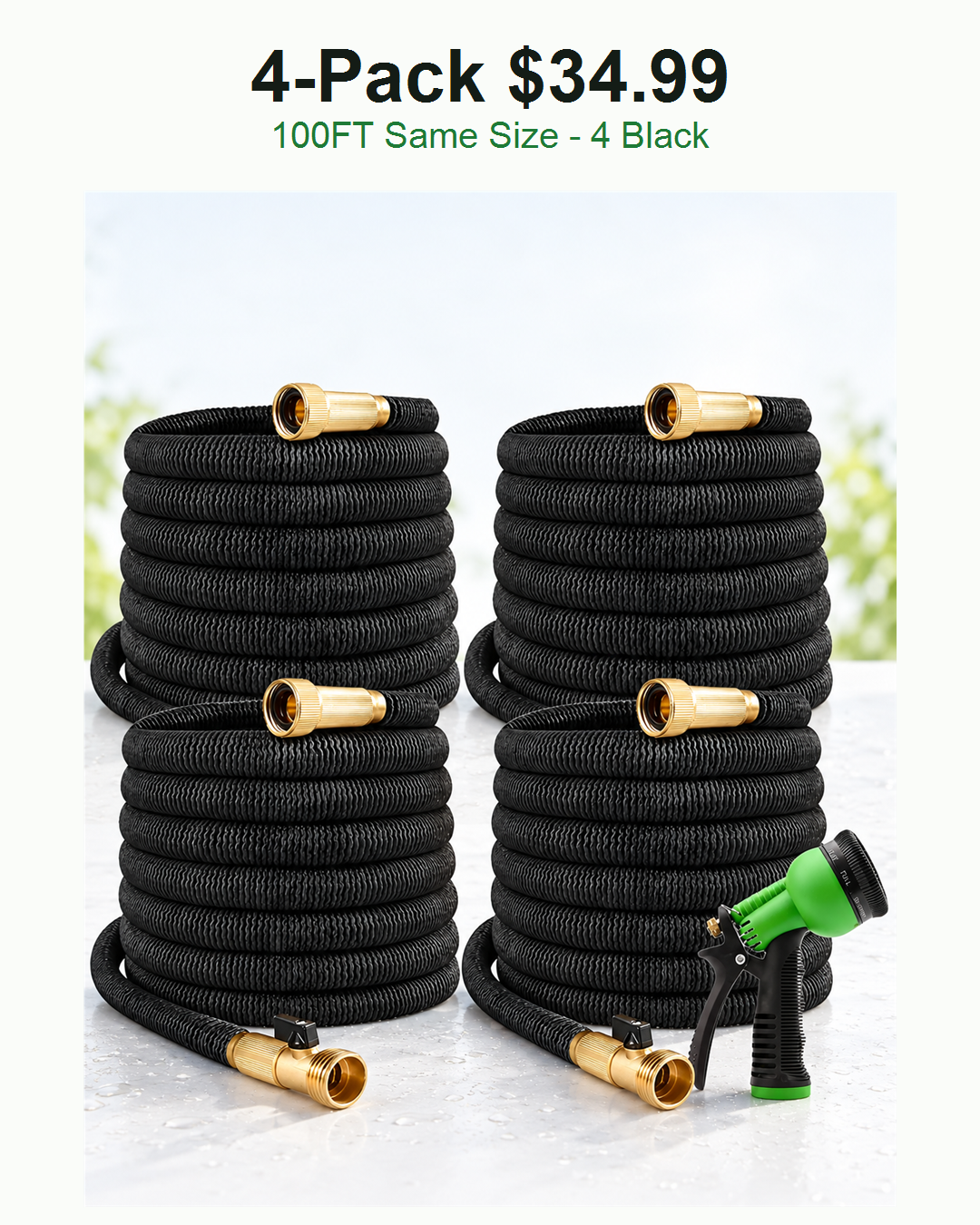 4 pack 100FT expandable garden hoses four black 34.99 USD