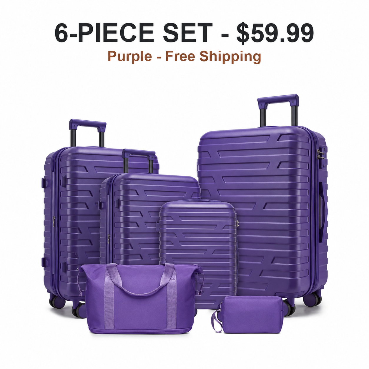 Purple 6-Piece Set hardside luggage set for 59.99 USD with Free Shipping