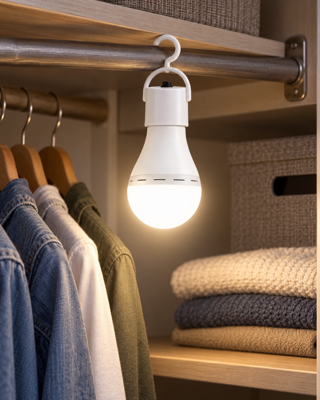 rechargeable LED emergency bulb hanging from hook cap in a closet