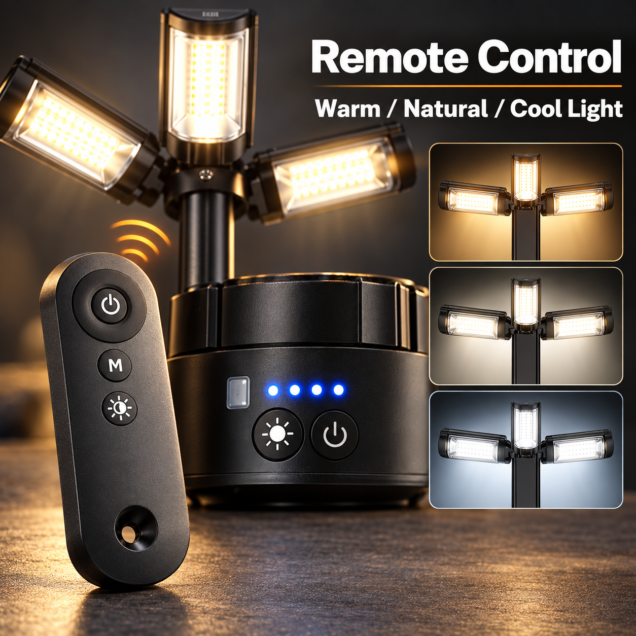 camping lantern remote control and warm neutral cool light tone examples