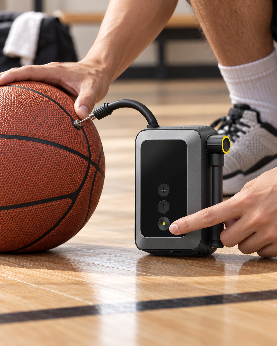 mini electric tire pump inflating a basketball with needle adapter