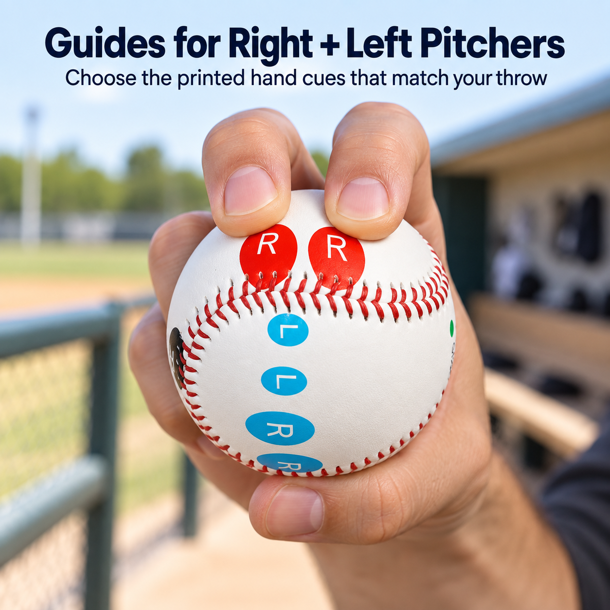 right and left handed finger placement cues printed on one training baseball
