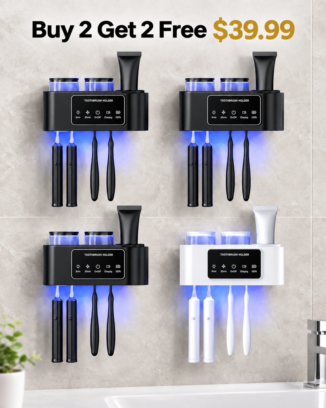 Buy 2 Get 2 Free three black one white wall mounted toothbrush holders 39.99 USD