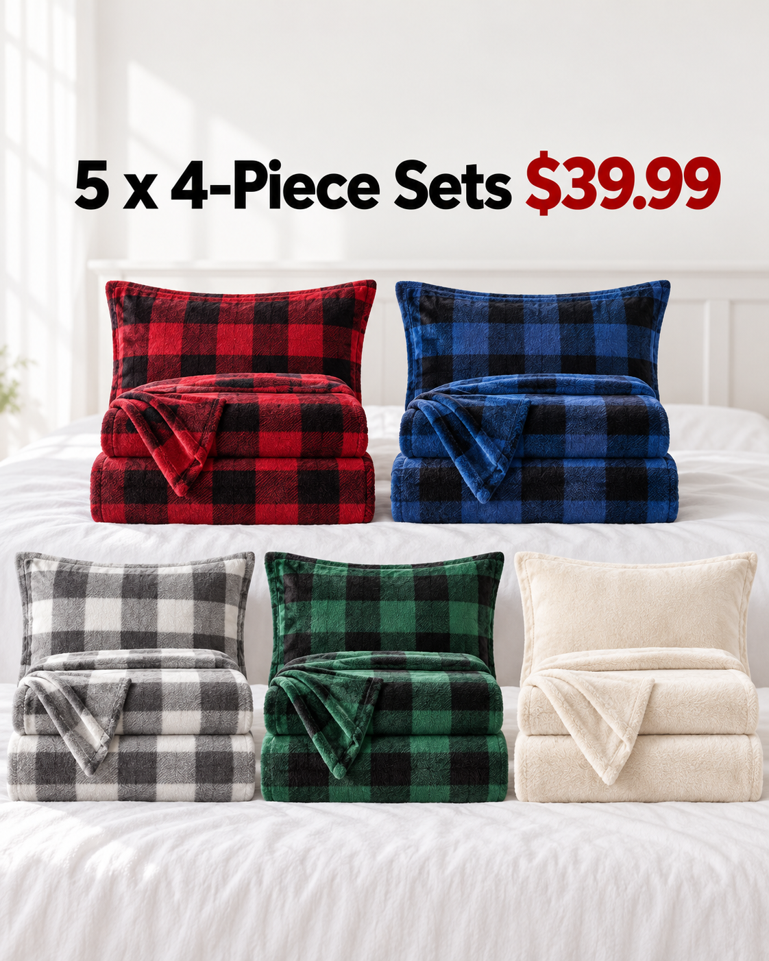 5 sets buffalo red buffalo blue buffalo gray buffalo green cream 4 piece velvet plush flannel sheet bundle 39.99 USD